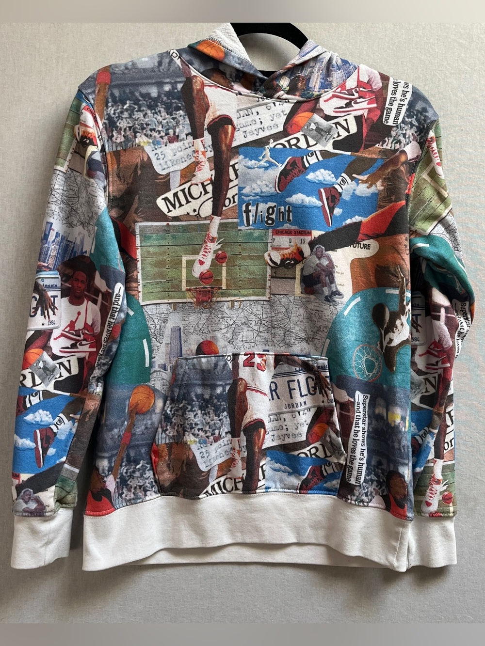 Jordan Boys Size L Blue White Collage Graphic Cotton Pullover Hoodie - 12/13 YO